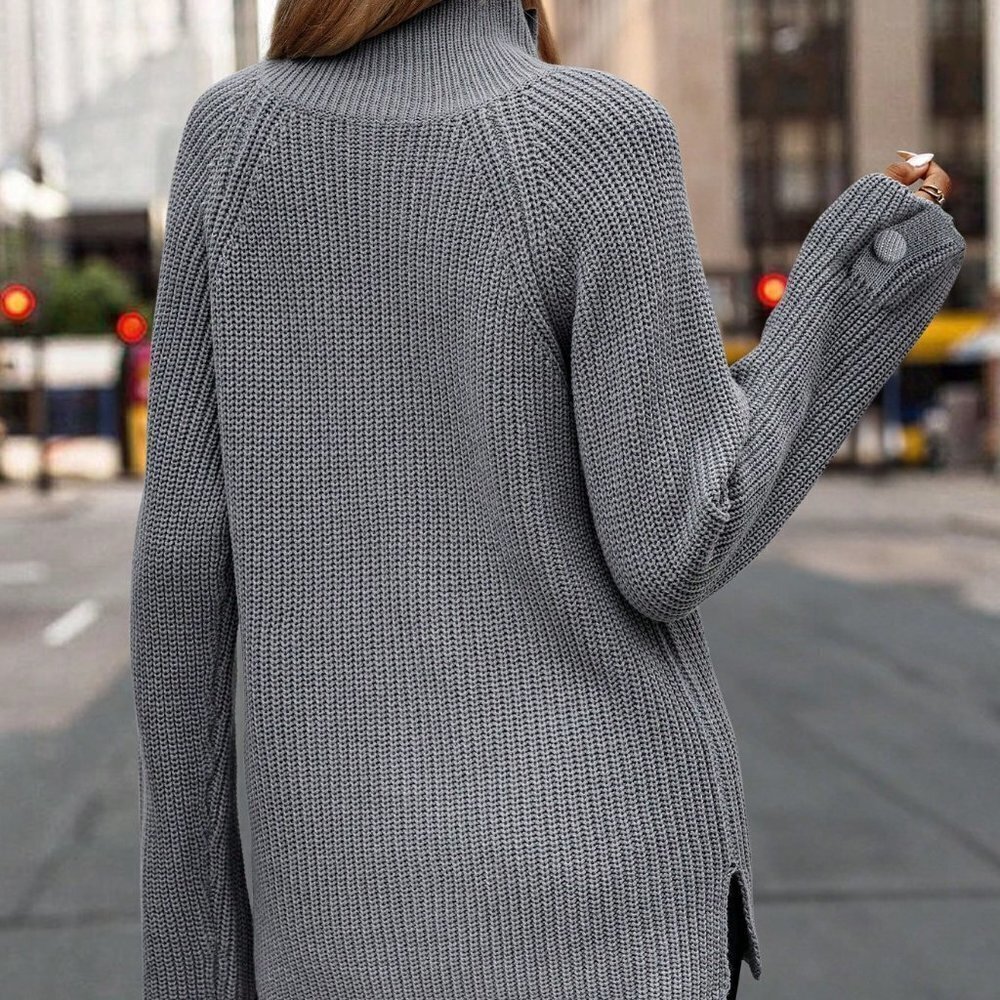 Dark Grey Casual womens Mock Neck Raglan Sleeve Button Detail Sweater - Picture 3 of 5